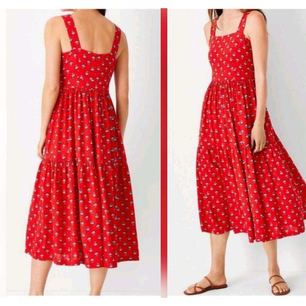 Ann Taylor Floral Midi Dress Size 8 Red Tiered Square Neck Cotton 48" Length